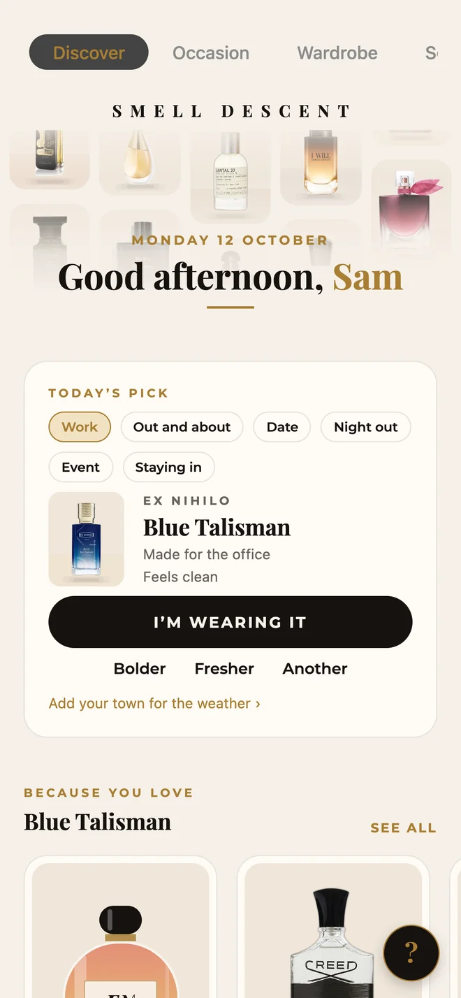 Discover: a greeting and Today's Pick, with occasions like work, date and night out