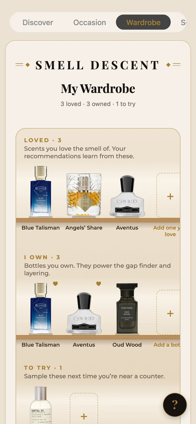 My Wardrobe: shelves of bottles you love, own and want to try