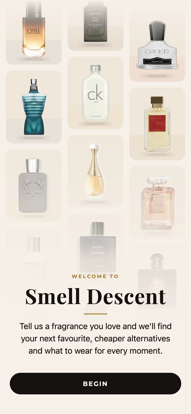 The app's welcome screen: a wall of bottles above 'Welcome to Smell Descent' and a Begin button